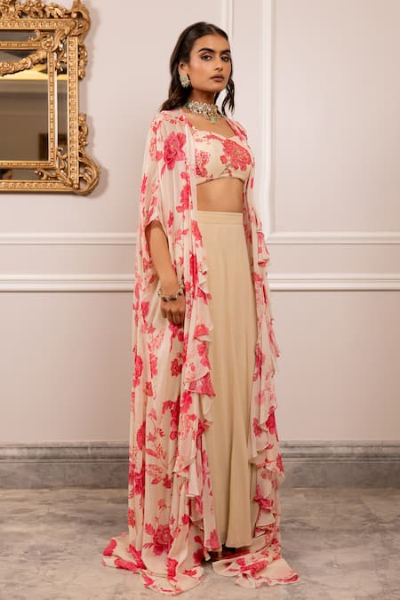 Paulmi And Harsh_Beige Georgette Sequins, Embroidery Round Neck, Open Floral Print Jacket Set _at_Aza_Fashions