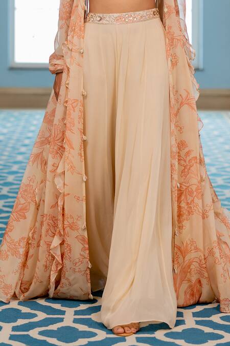Paulmi And Harsh_Peach Georgette Embroidery Round Neck, Gold Floral Printed Jacket Palazzo Set _Online_at_Aza_Fashions