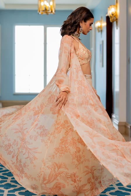 Buy_Paulmi And Harsh_Peach Georgette Embroidery Round Neck, Gold Floral Printed Jacket Palazzo Set _Online_at_Aza_Fashions