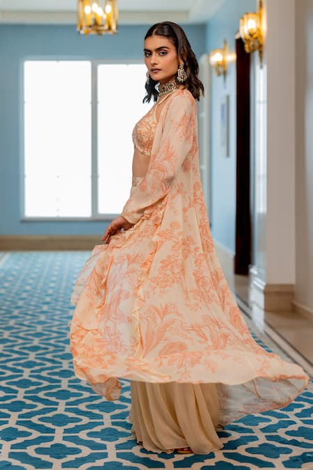 Shop_Paulmi And Harsh_Peach Georgette Embroidery Round Neck, Gold Floral Printed Jacket Palazzo Set _Online_at_Aza_Fashions