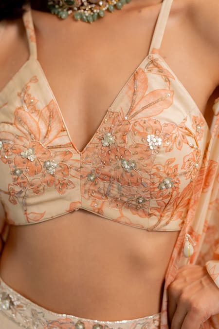 Paulmi And Harsh_Peach Georgette Embroidery Round Neck, Gold Floral Printed Jacket Palazzo Set _at_Aza_Fashions