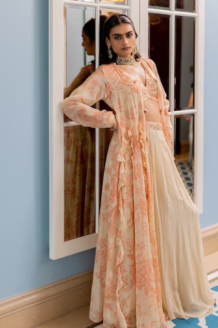 Buy_Paulmi And Harsh_Peach Georgette Embroidery Round Neck, Gold Floral Printed Jacket Palazzo Set 