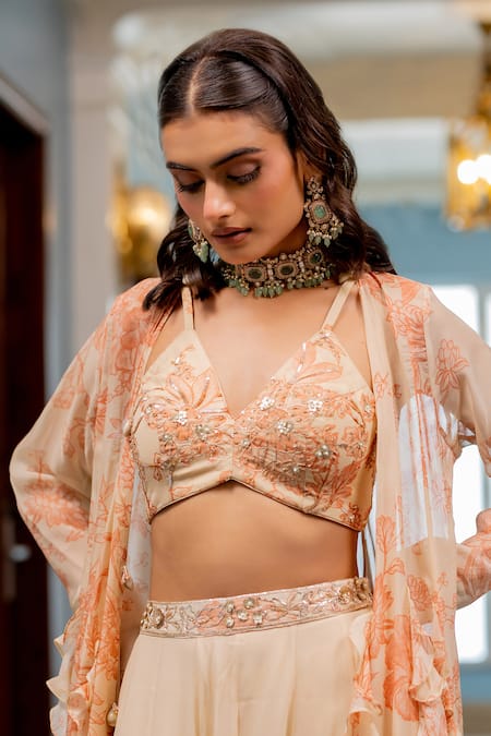 Shop_Paulmi And Harsh_Peach Georgette Embroidery Round Neck, Gold Floral Printed Jacket Palazzo Set 