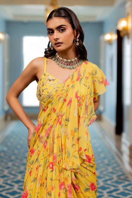 Paulmi And Harsh_Yellow Silk, Georgette Embroidery Round Neck Floral Pre-draped Saree Set _Online_at_Aza_Fashions