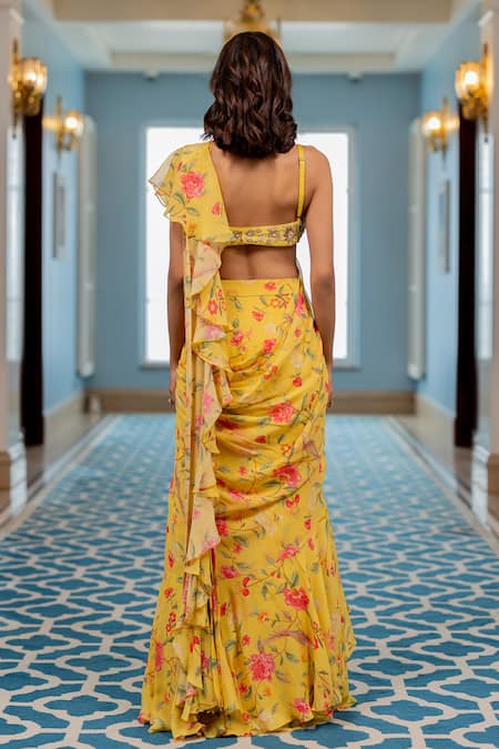 Paulmi And Harsh Yellow Floral Pre-draped Saree Set 
