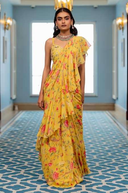 Paulmi And Harsh_Yellow Silk, Georgette Embroidery Round Neck Floral Pre-draped Saree Set _at_Aza_Fashions
