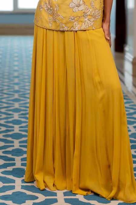 Paulmi And Harsh_Yellow Georgette Sequins, Embroidery Square Neck Kurta And Palazzo Set _Online_at_Aza_Fashions