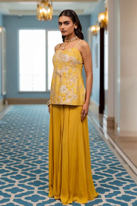 Buy_Paulmi And Harsh_Yellow Georgette Sequins, Embroidery Square Neck Kurta And Palazzo Set _Online_at_Aza_Fashions