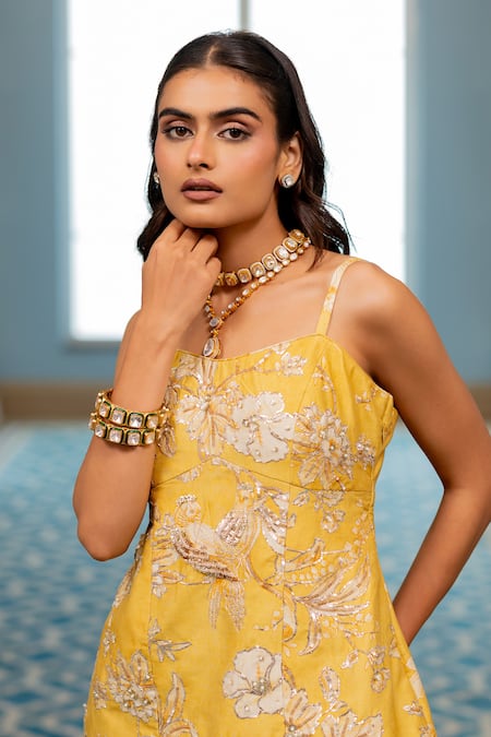 Shop_Paulmi And Harsh_Yellow Georgette Sequins, Embroidery Square Neck Kurta And Palazzo Set _Online_at_Aza_Fashions