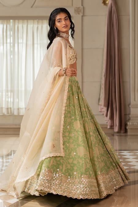 Paulmi And Harsh_Beige Organza Sequins, Beads, Embroidery Round Neck Designer Green Lehenga Set _Online_at_Aza_Fashions