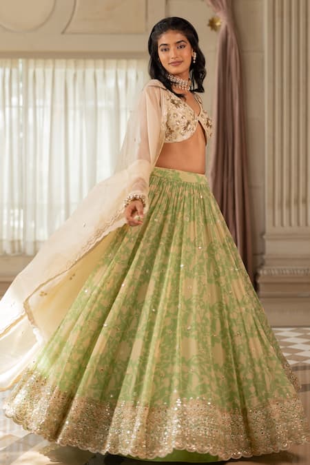 Buy_Paulmi And Harsh_Beige Organza Sequins, Beads, Embroidery Round Neck Designer Green Lehenga Set _Online_at_Aza_Fashions