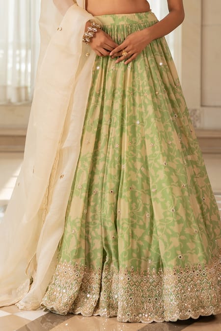 Shop_Paulmi And Harsh_Beige Organza Sequins, Beads, Embroidery Round Neck Designer Green Lehenga Set _Online_at_Aza_Fashions