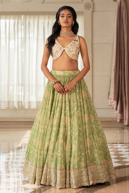 Buy_Paulmi And Harsh_Beige Organza Sequins, Beads, Embroidery Round Neck Designer Green Lehenga Set 