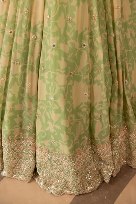 Shop_Paulmi And Harsh_Beige Organza Sequins, Beads, Embroidery Round Neck Designer Green Lehenga Set 