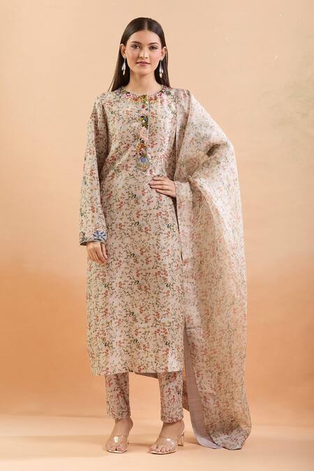 Anamika Khanna Multi Color Sequins, Beads Round Neck Blossom Print Kurta Set Online at Aza Fashions Anamika Khanna_Multi Color Sequins, Beads Round Neck Blossom Print Kurta Set_Online_at_Aza_Fashions