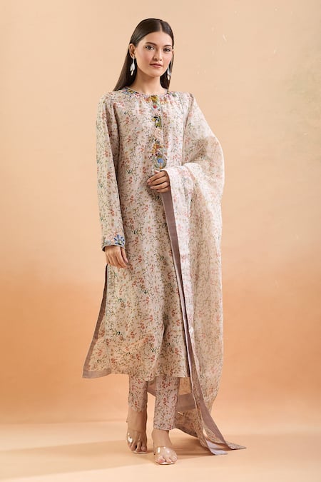 Shop Anamika Khanna Multi Color Sequins, Beads Round Neck Blossom Print Kurta Set Online at Aza Fashions Shop_Anamika Khanna_Multi Color Sequins, Beads Round Neck Blossom Print Kurta Set_Online_at_Aza_Fashions