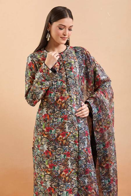 Anamika Khanna_Multi Color Beads, Sequins Round Neck Abstract Print Kurta Set_Online_at_Aza_Fashions