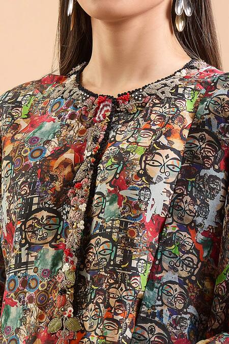 Buy_Anamika Khanna_Multi Color Beads, Sequins Round Neck Abstract Print Kurta Set_Online_at_Aza_Fashions