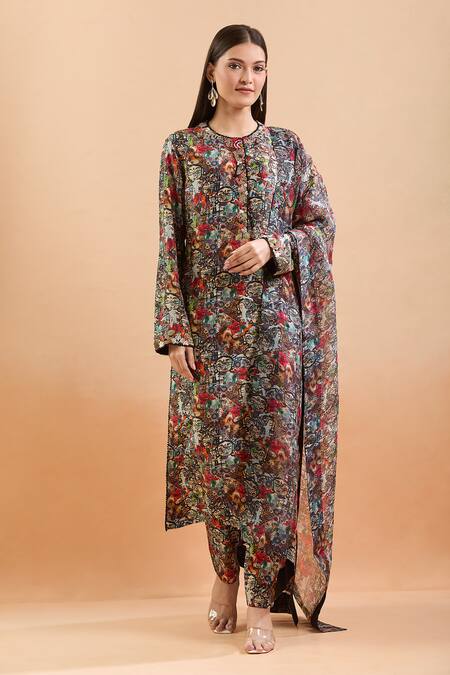 Shop_Anamika Khanna_Multi Color Beads, Sequins Round Neck Abstract Print Kurta Set_Online_at_Aza_Fashions