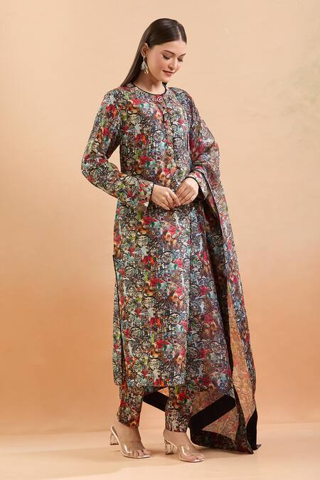 Anamika Khanna_Multi Color Beads, Sequins Round Neck Abstract Print Kurta Set_at_Aza_Fashions