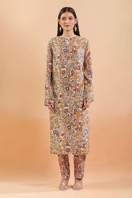 Anamika Khanna_Multi Color Beads, Sequins Round Neck Bloom Print Kurta Set_Online_at_Aza_Fashions