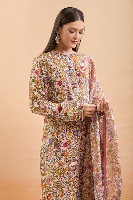 Buy_Anamika Khanna_Multi Color Beads, Sequins Round Neck Bloom Print Kurta Set_Online_at_Aza_Fashions