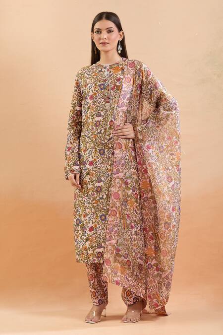 Shop_Anamika Khanna_Multi Color Beads, Sequins Round Neck Bloom Print Kurta Set_Online_at_Aza_Fashions
