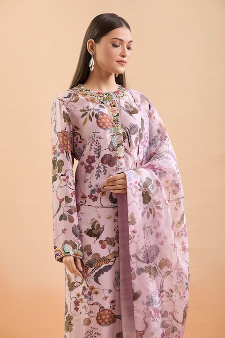 Anamika Khanna Purple Beads, Sequins, Tassels Round Neck Bloom Print Kurta Pant Set Online at Aza Fashions Anamika Khanna_Purple Beads, Sequins, Tassels Round Neck Bloom Print Kurta Pant Set_Online_at_Aza_Fashions