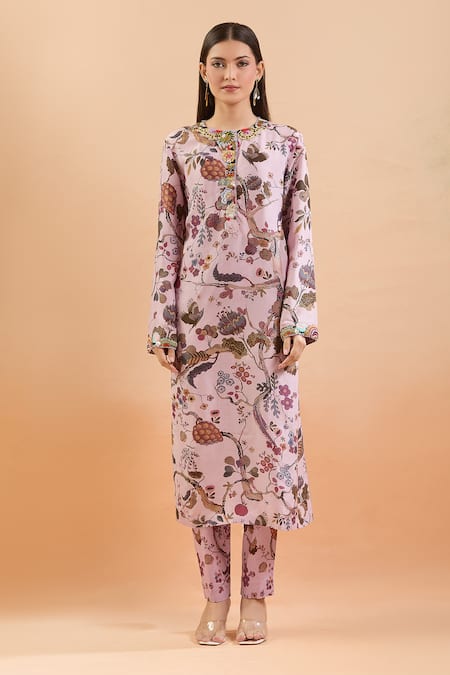 Shop Anamika Khanna Purple Beads, Sequins, Tassels Round Neck Bloom Print Kurta Pant Set Online at Aza Fashions Shop_Anamika Khanna_Purple Beads, Sequins, Tassels Round Neck Bloom Print Kurta Pant Set_Online_at_Aza_Fashions
