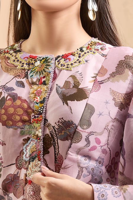 Buy Anamika Khanna Purple Beads, Sequins, Tassels Round Neck Bloom Print Kurta Pant Set Buy_Anamika Khanna_Purple Beads, Sequins, Tassels Round Neck Bloom Print Kurta Pant Set