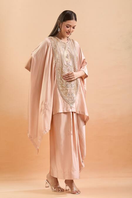 Anamika Khanna Pink Beads, Sequins Round Neck Floral Embroidered Kaftan Set at Aza Fashions Anamika Khanna_Pink Beads, Sequins Round Neck Floral Embroidered Kaftan Set_at_Aza_Fashions