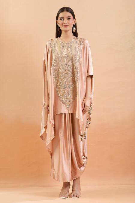 Buy Anamika Khanna Pink Beads, Sequins Round Neck Floral Embroidered Kaftan Set Buy_Anamika Khanna_Pink Beads, Sequins Round Neck Floral Embroidered Kaftan Set