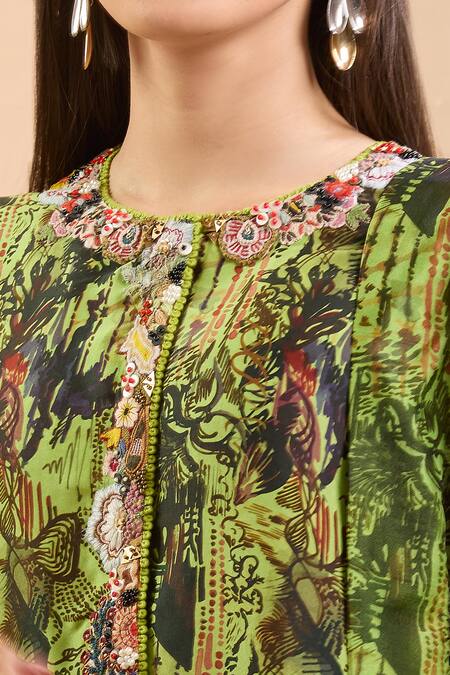Buy Anamika Khanna Green Beads, Sequins Round Neck Abstract Print Kurta Pant Set Online at Aza Fashions Buy_Anamika Khanna_Green Beads, Sequins Round Neck Abstract Print Kurta Pant Set _Online_at_Aza_Fashions
