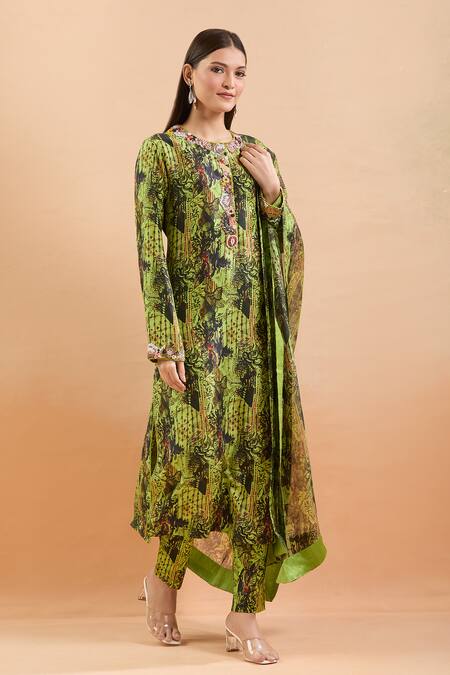 Shop Anamika Khanna Green Beads, Sequins Round Neck Abstract Print Kurta Pant Set Online at Aza Fashions Shop_Anamika Khanna_Green Beads, Sequins Round Neck Abstract Print Kurta Pant Set _Online_at_Aza_Fashions