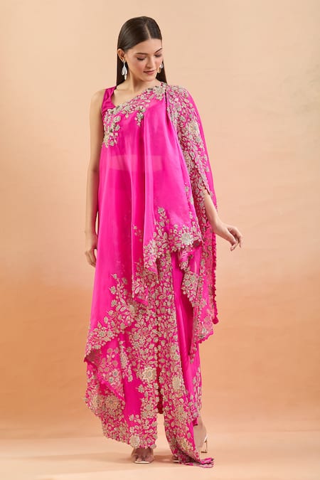 Anamika Khanna_Fuchsia Embroidery, Pearls, Sequins Round Neck Floral Cape Skirt Set _Online_at_Aza_Fashions