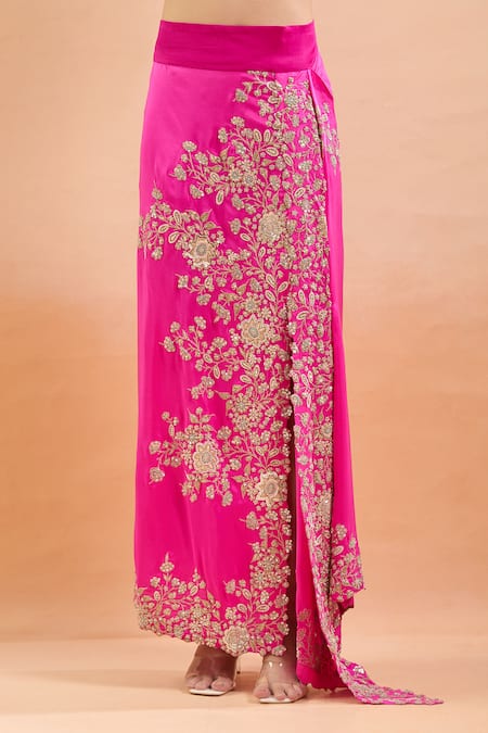 Buy_Anamika Khanna_Fuchsia Embroidery, Pearls, Sequins Round Neck Floral Cape Skirt Set _Online_at_Aza_Fashions