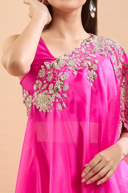 Shop_Anamika Khanna_Fuchsia Embroidery, Pearls, Sequins Round Neck Floral Cape Skirt Set _Online_at_Aza_Fashions