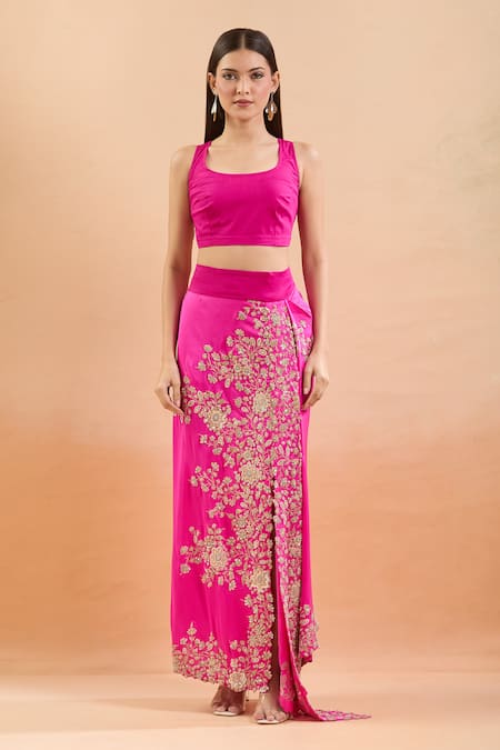 Anamika Khanna_Fuchsia Embroidery, Pearls, Sequins Round Neck Floral Cape Skirt Set _at_Aza_Fashions