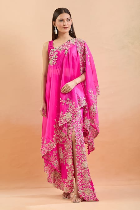 Buy_Anamika Khanna_Fuchsia Embroidery, Pearls, Sequins Round Neck Floral Cape Skirt Set 