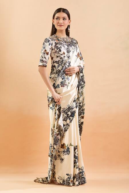 Anamika Khanna_Off White Beads, Sequins Round Neck Blossom Print Saree Set_Online_at_Aza_Fashions