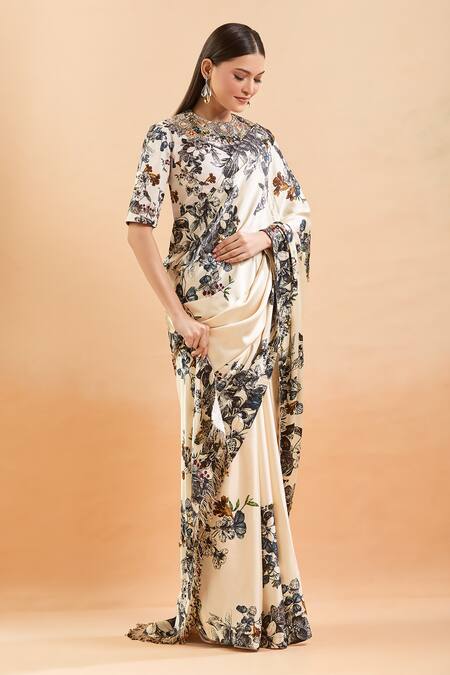 Buy_Anamika Khanna_Off White Beads, Sequins Round Neck Blossom Print Saree Set_Online_at_Aza_Fashions