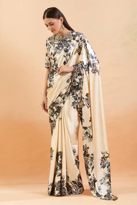 Shop_Anamika Khanna_Off White Beads, Sequins Round Neck Blossom Print Saree Set_Online_at_Aza_Fashions
