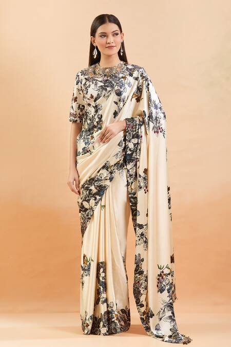 Anamika Khanna_Off White Beads, Sequins Round Neck Blossom Print Saree Set_at_Aza_Fashions