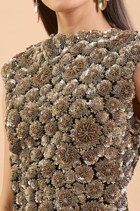 Anamika Khanna_Gold Sequins, Embroidery High Neck Draped Saree Skirt And Blouse_Online_at_Aza_Fashions