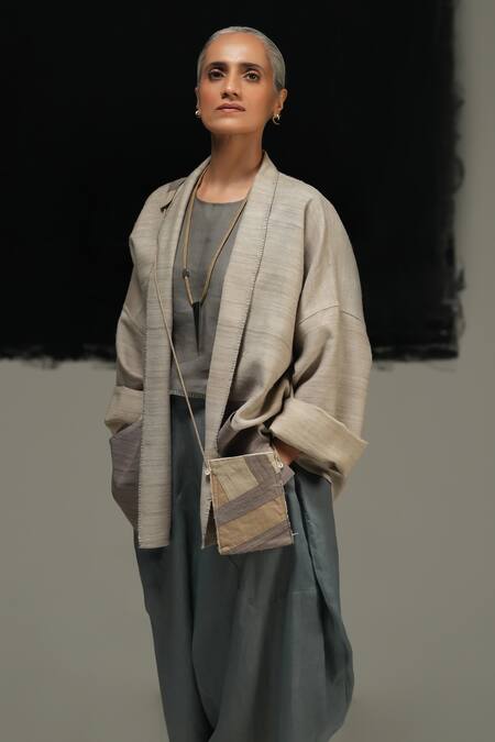 Urvashi Kaur_Gray Silk Open Neck Designer Jyu Jacket _Online_at_Aza_Fashions