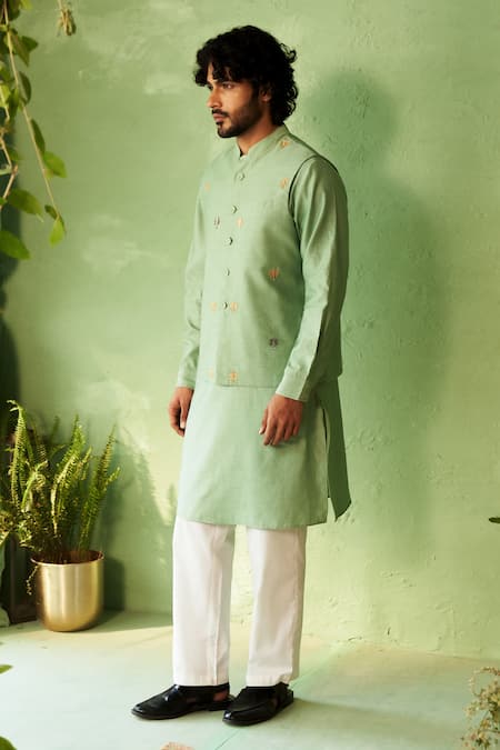 Shop_Charkhee_Green Chanderi, Voile, Poplin Embroidery Tea Kurta Set _Online_at_Aza_Fashions