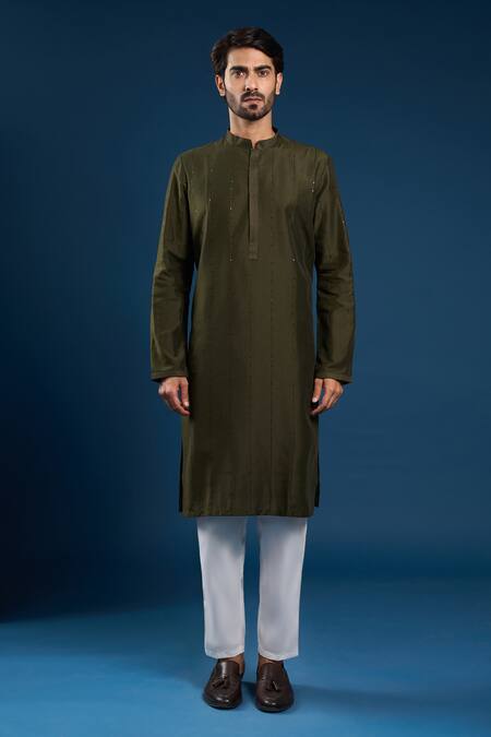 Buy_Arihant Rai Sinha_Olive Green Cotton, Silk Embroidery Kurta Set _Online_at_Aza_Fashions