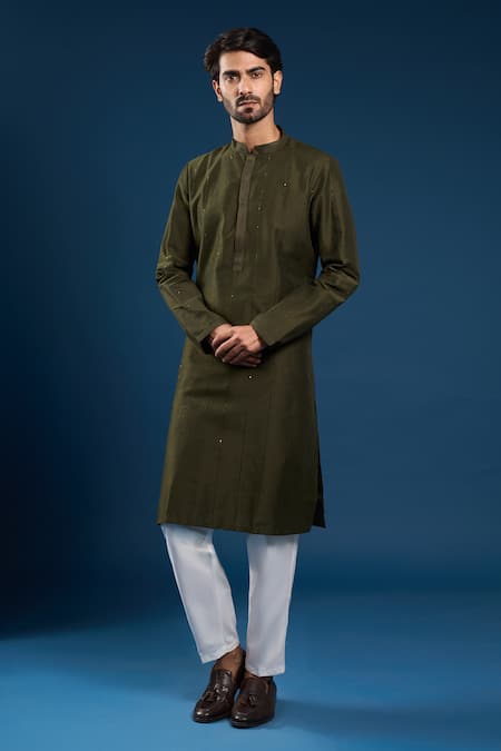 Shop_Arihant Rai Sinha_Olive Green Cotton, Silk Embroidery Kurta Set _Online_at_Aza_Fashions