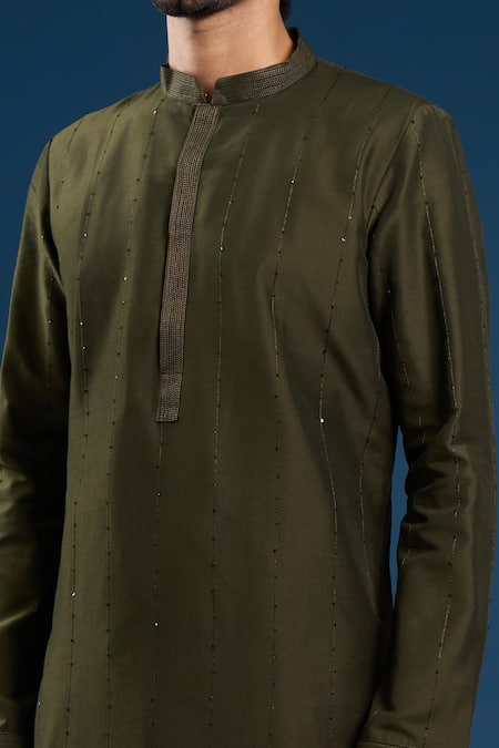 Buy_Arihant Rai Sinha_Olive Green Cotton, Silk Embroidery Kurta Set 