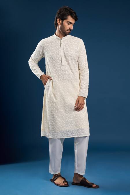 Shop_Arihant Rai Sinha_Beige Georgette, Cotton Embroidery, Sequins Thread Work Kurta Set _Online_at_Aza_Fashions